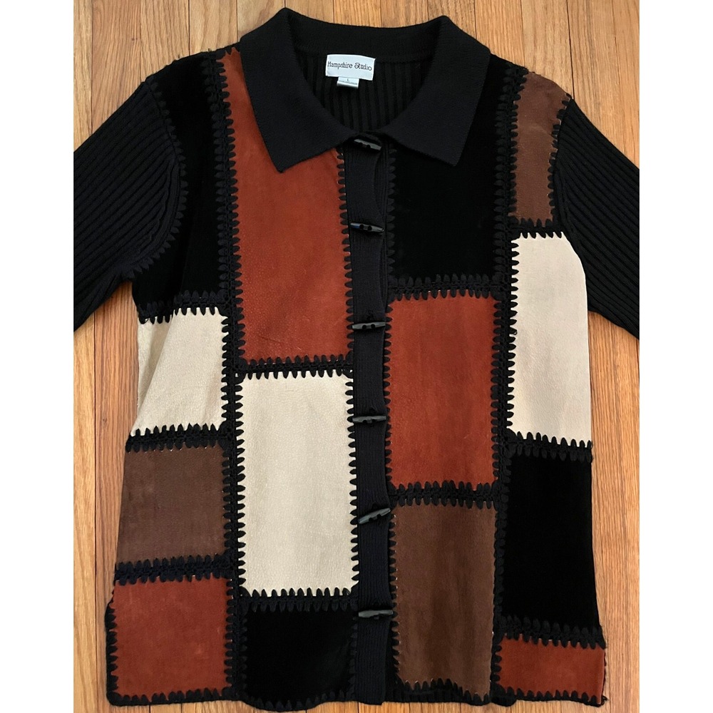 Vintage Hampshire Studio Granny Chic Black Cardigan Sweater w/ Leather Women L